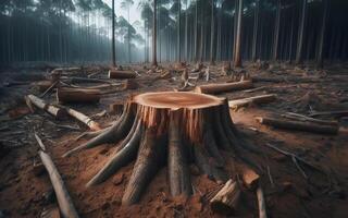 ai generado tocón el árbol tiene estado cortar abajo, dejando sólo el tocón. destructivo bosque antecedentes. corte abajo arboles deforestación. foto