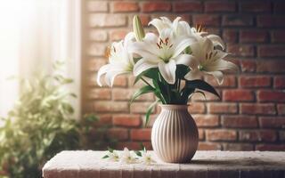 ai generado lirios en un florero antiguo ladrillo pared antecedentes foto