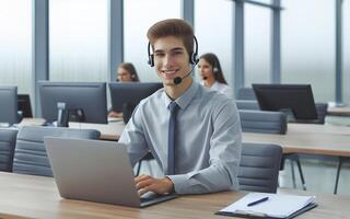 AI generated call center staff Officer answering the phone Telephone customer support service photo