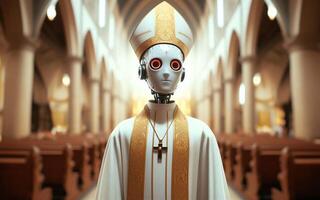 ai generado robot sacerdote en iglesia. moderno mundo. artificial inteligencia reemplazo concepto. robot como espiritual líder. foto