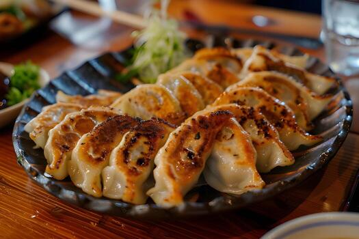 ai generado A la parrilla gyoza empanadillas servido en un plato foto