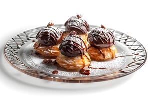 AI generated Delicious profiteroles with chocolate on a cake stand photo