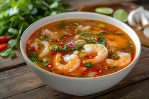 AI generated Tom Yum Goong, Thai spicy soup with shrimps. Tomyam photo