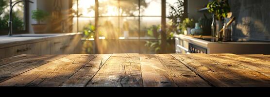 AI generated Rustic wooden table in morning light, offering a blank canvas against a contemporary kitchen setting, perfect for creative and stylish home decor ideas. photo