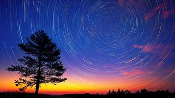 AI generated Stellar choreography captured, Star trails photography reveals the apparent motion of stars through long exposure techniques. photo