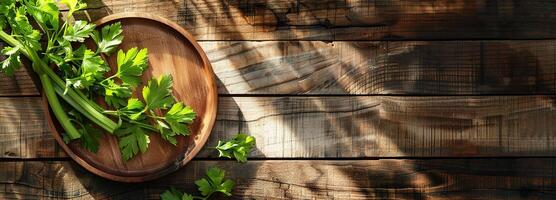 AI generated Fresh celery on wooden plate, soft light, space for text, table top view, celery wooden table photo