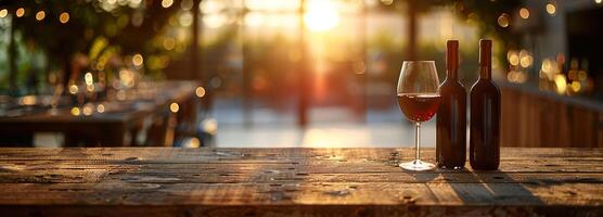 AI generated Elegant wooden table mockup with wine bottles and glasses in soft sunlight, ideal for a text space backdrop at wine tasting events and gourmet presentations, wine wooden table photo