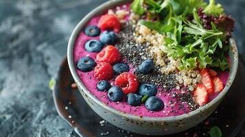 AI generated Superfood Smoothie Bowl, Topped with Blueberries, Chia Seeds, and Spirulina, Beside a Nutritious Quinoa and Kale Salad. photo