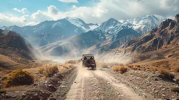 AI generated Rugged Vehicle Journeys on Dusty Roads with Dramatic Mountain Scenery in Remote Regions for the Ultimate Adventure photo