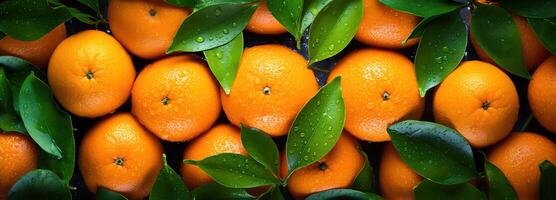 ai generado jugoso naranja con hojas, destacando el detallado patrones y refrescante gotas de agua en un ricamente de colores agrios Fruta antecedentes foto