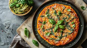 AI generated A Meal of Gluten-Free Pizza and Keto Zucchini Noodles, Ensuring Taste Without Compromise for Special Diets. photo