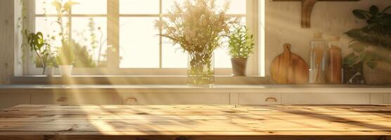 AI generated Rustic wooden table in morning light, offering a blank canvas against a contemporary kitchen setting, perfect for creative and stylish home decor ideas. photo