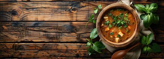 AI generated Stew wooden table, cozy homemade stew in a rustic wooden bowl on a table under soft sunlight, perfect for a warm, inviting kitchen scene with space for your text. photo