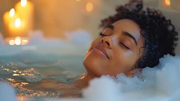 AI generated Spa and self-care with a serene scene, a person enjoying a relaxing bath surrounded by candles and bath salts, capturing tranquility and wellness. photo