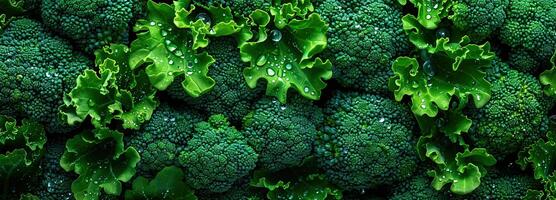 AI generated Fresh green broccoli closeup with dewy leaves, showcasing vibrant textures photo