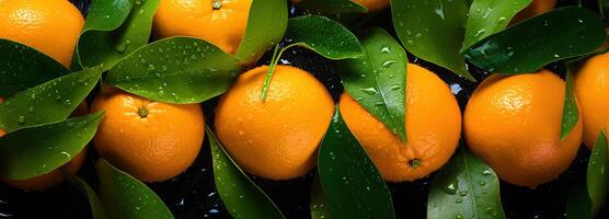 ai generado jugoso naranja con hojas, destacando el detallado patrones y refrescante gotas de agua en un ricamente de colores agrios Fruta antecedentes foto