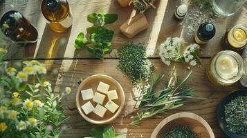 AI generated natural remedies on a wooden table, featuring essential oils and medicinal herbs for a plant-based approach to wellness. photo