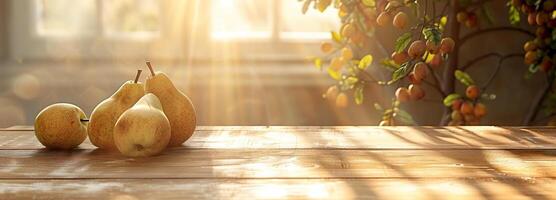 AI generated Rustic table with pears in the morning light, space for text, kitchen view, pear wooden table photo