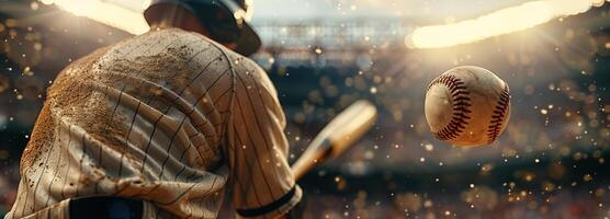 ai generado profesional béisbol jugador en acción, detallado de cerca a el estadio debajo el tarde sol, personificando trabajo en equipo y atlético habilidad. foto