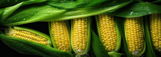 AI generated Bright, fresh sweet corn with leaves in top view, ideal for farm produce. photo