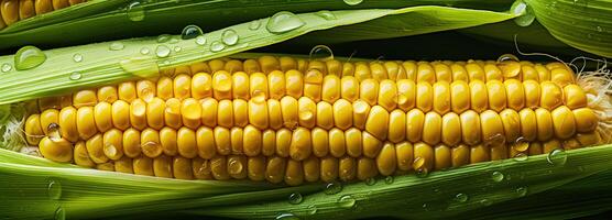 AI generated Bright, fresh sweet corn with leaves in top view, ideal for farm produce. photo