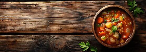 AI generated Stew wooden table, cozy homemade stew in a rustic wooden bowl on a table under soft sunlight, perfect for a warm, inviting kitchen scene with space for your text. photo