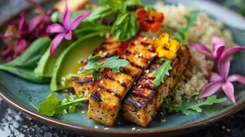 ai generado planta establecido deleitar, vibrante quinua y aguacate ensalada adornado con comestible flores, emparejado con tempeh y anacardo queso para sostenible comiendo. foto