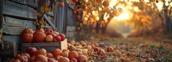 AI generated Autumn Harvest Splendor, A Rustic Scene Adorned with Pumpkins, Apples, and Vibrant Fall Foliage, Celebrating the Essence of the Fall Season. photo