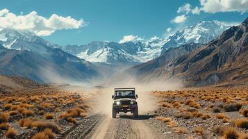 AI generated Rugged Vehicle Journeys on Dusty Roads with Dramatic Mountain Scenery in Remote Regions for the Ultimate Adventure photo