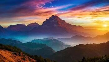 AI generated Scenic view of mountain ranges with colorful sky, nature landscape photo