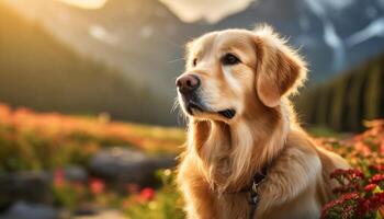 AI generated Golden retriever dog looking far with sun glaring and a beautiful nature landscape background photo