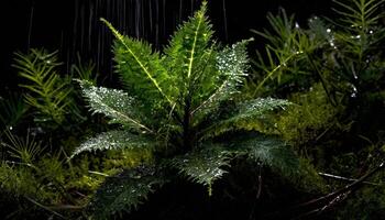 AI generated Dramatic Close up of a leafy plant with water droplets and rain on the background photo