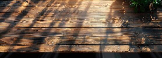 AI generated Rustic wooden table in morning light, offering a blank canvas against a contemporary kitchen setting, perfect for creative and stylish home decor ideas. photo