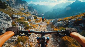 ai generado dinámica montaña andar en bicicleta en escabroso caminos, capturar el esencia de al aire libre aventuras y el desafío de rocoso terreno foto