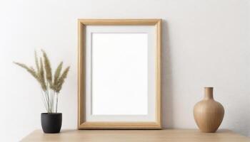 AI generated Empty frame mockup on a plain white wall with vases on each side photo