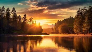 AI generated Beautiful Sunset on a lake in the forest, Nature background, Landscape photo