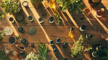 AI generated natural remedies on a wooden table, featuring essential oils and medicinal herbs for a plant-based approach to wellness. photo