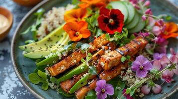 AI generated Plant Based Delight, Vibrant Quinoa and Avocado Salad Garnished with Edible Flowers, Paired with Tempeh and Cashew Cheese for Sustainable Eating. photo