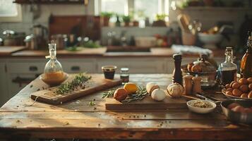 ai generado cocina deberes para culinario excelencia, un de madera mesa conjunto con Fresco ingredientes y herramientas Listo para un Cocinando demostración o receta presentación. foto