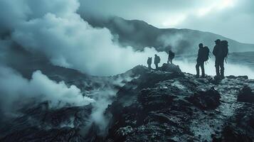 AI generated Hikers Beside an Active Volcano's Rim with Rising Steam, Showcasing Earth's Raw Power and Beauty photo