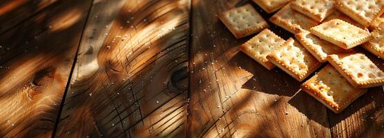 AI generated crackers wooden table, top view of wooden table in the soft sunlight, space for text with crackers on the table photo