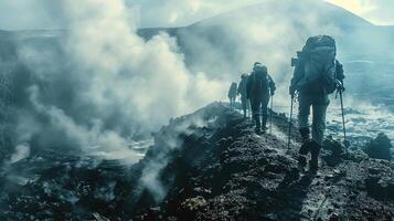 AI generated Hikers Beside an Active Volcano's Rim with Rising Steam, Showcasing Earth's Raw Power and Beauty photo