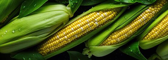 AI generated Bright, fresh sweet corn with leaves in top view, ideal for farm produce. photo