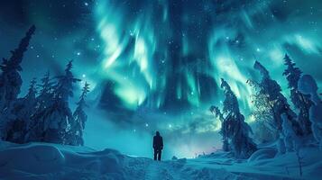 AI generated Experience the Magic of the Aurora Borealis with a Solitary Adventure Among Snowy Wilderness and Celestial Displays photo