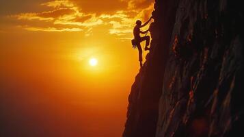 ai generado rock alpinismo aventuras a atardecer, un escalador determinado ascenso en un vertical desafío, silueta en contra el noche cielo, exhibiendo fuerza y resistencia foto