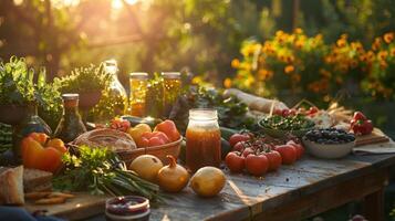 AI generated Farm to Table, Fresh, Organic Produce on a Rustic Wooden Table Outdoors, Featuring Seasonal Vegetables, Artisan Bread, and Homemade Preserves for Sustainable Dining. photo