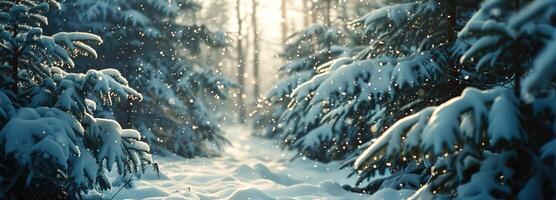 ai generado invierno mundo maravilloso revelado, cubierto de nieve arboles y un sereno bosque paisaje surgir, ofrecimiento un pacífico escapar dentro un escarchado, tranquilo mundo. foto