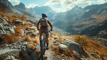 ai generado dinámica montaña andar en bicicleta en escabroso caminos, capturar el esencia de al aire libre aventuras y el desafío de rocoso terreno foto