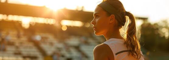 AI generated Professional female tennis player in action at the stadium, the afternoon sun highlighting her focus and precision with the racket photo