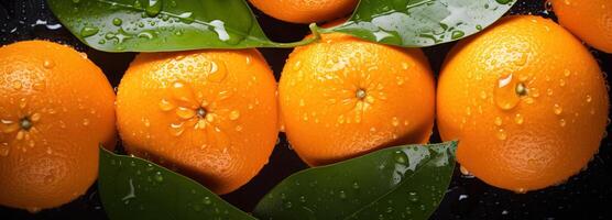 ai generado jugoso naranja con hojas, destacando el detallado patrones y refrescante gotas de agua en un ricamente de colores agrios Fruta antecedentes foto